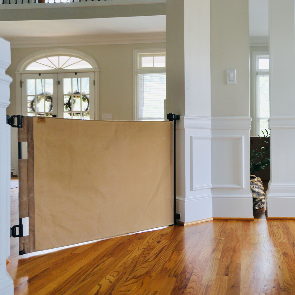Oil Waxed Canvas Pet Safety Gate – Durable, Waterproof, Vintage-Inspired | fit openings from 27.6" to 55" wide and stand 33"